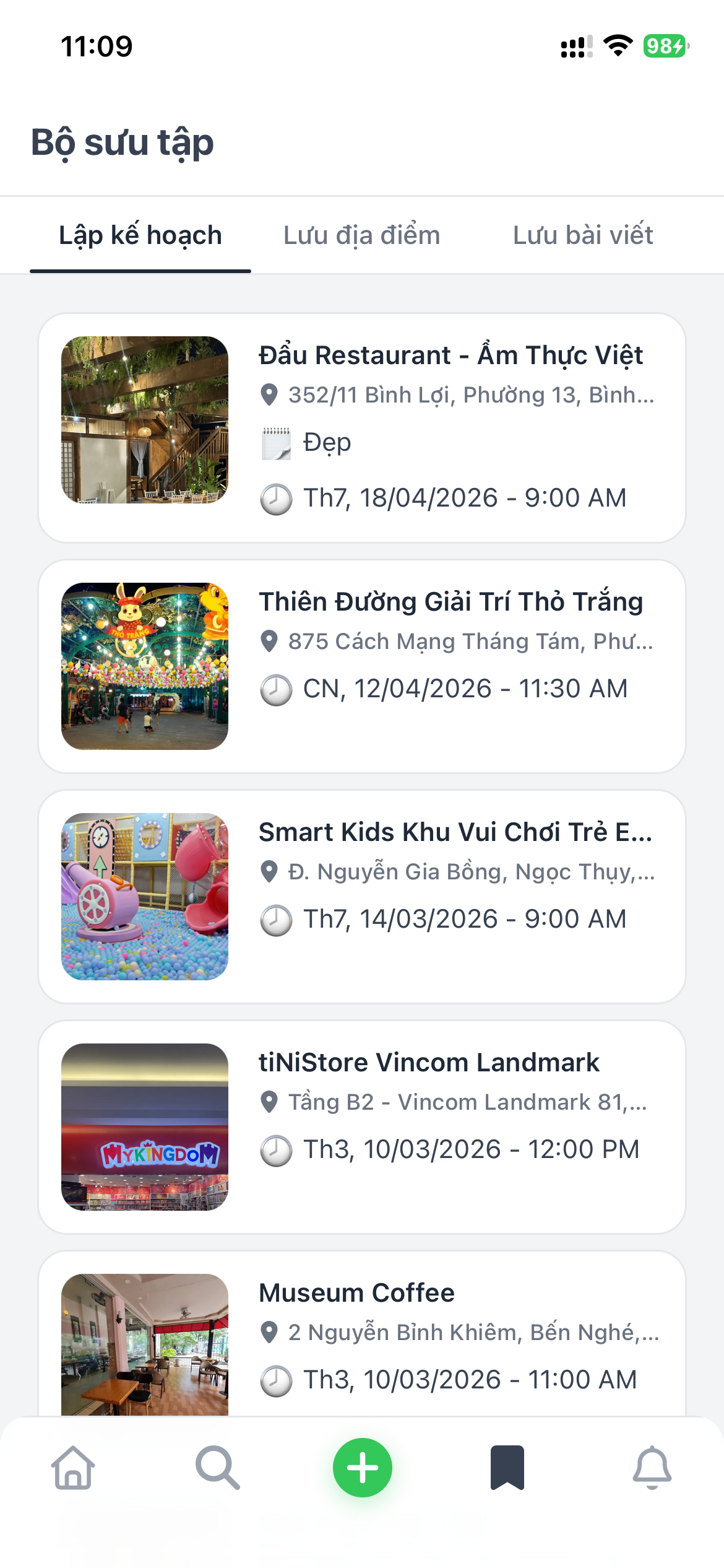 Màn hình danh sách kế hoạch đã lưu
