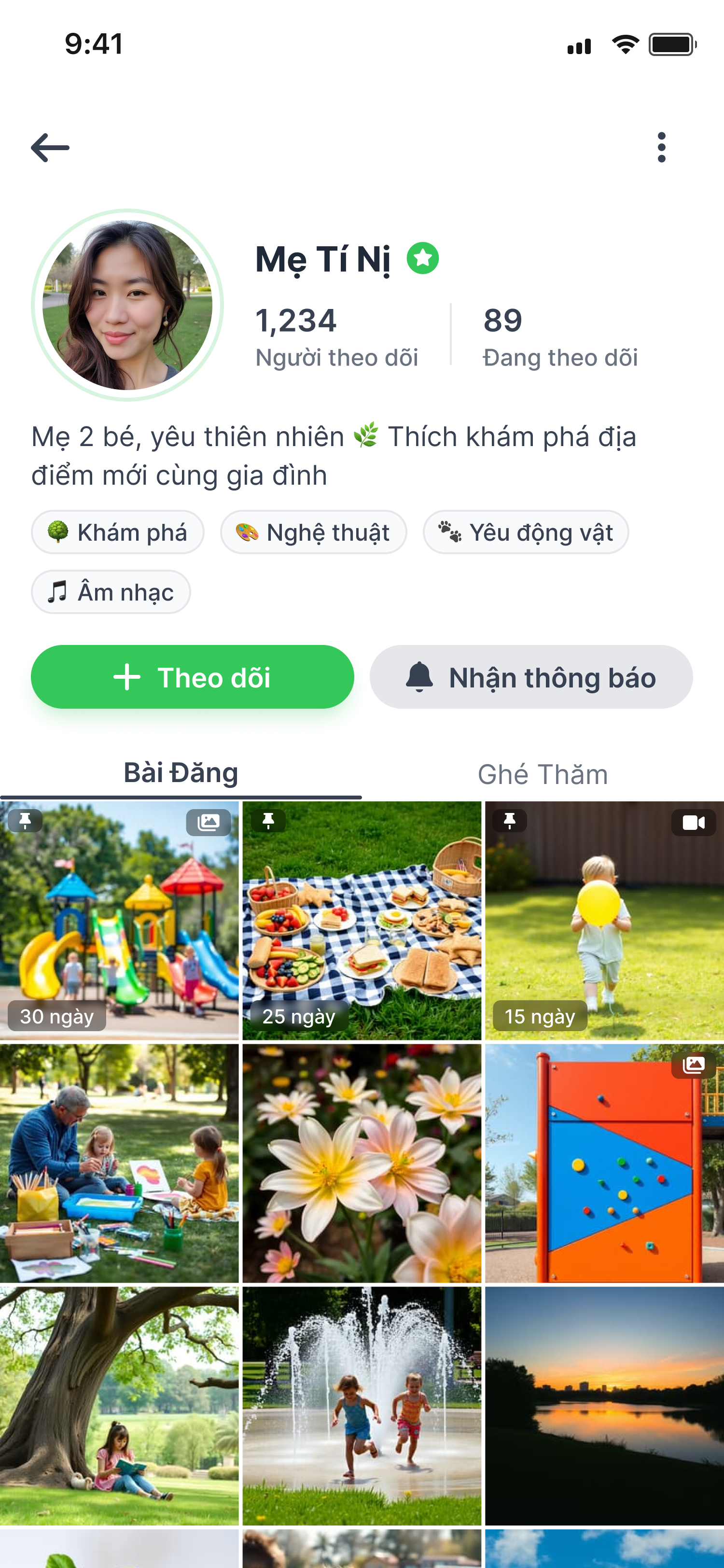 Màn hình hồ sơ gia đình quản lý thông tin các bé