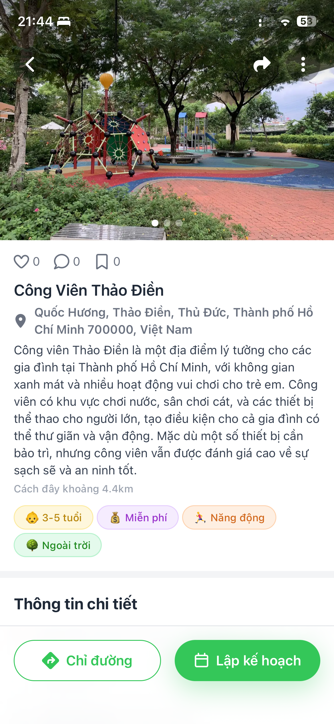 Màn hình chi tiết địa điểm — review, độ tuổi, giờ mở cửa