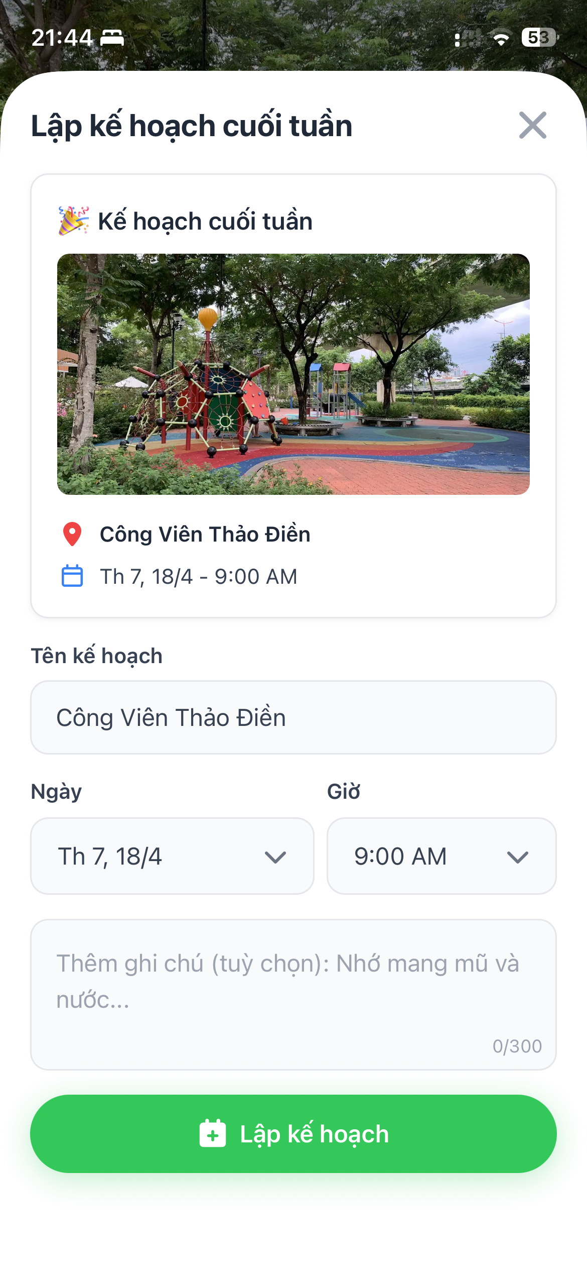 Màn hình kế hoạch cuối tuần tự xếp theo bé